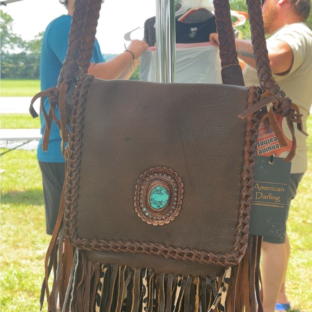 American Darling Brown Leather Crossbody with Turquoise Accent